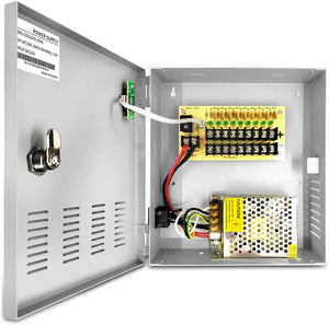 Caja de Alimentación para 9 Canales de CCTV, 12V 5A DC, con Enchufe AC, Cerradura con Llave. Ideal para Sistemas de Cámaras de Seguridad, DVRs, Cámaras IP y CCTV