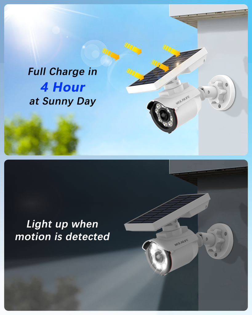 WEILAILIFE Outdoor Solar Powered Motion Sensor Lights Fake Security Camera Dummy Surveillance Cameras Waterproof Spotlights(2 Packs)