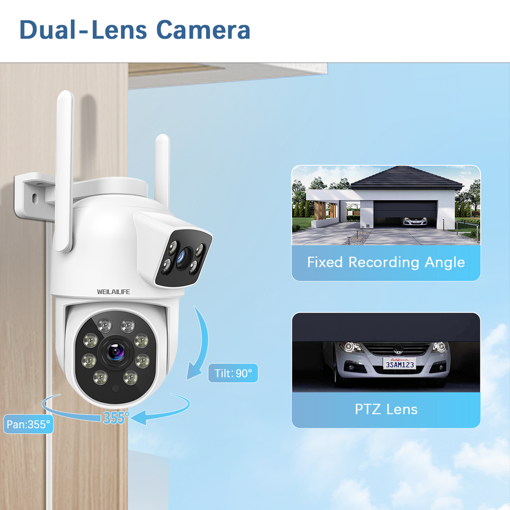 WEILAILIFE 【Dual Lens Linkage】 Outdoor Wireless PTZ Security Camera, 2.4/5GHz Home WiFi Video Surveillance Cameras, 360° View, Auto Tracking, IP66 Waterproof, SD/Cloud Storage
