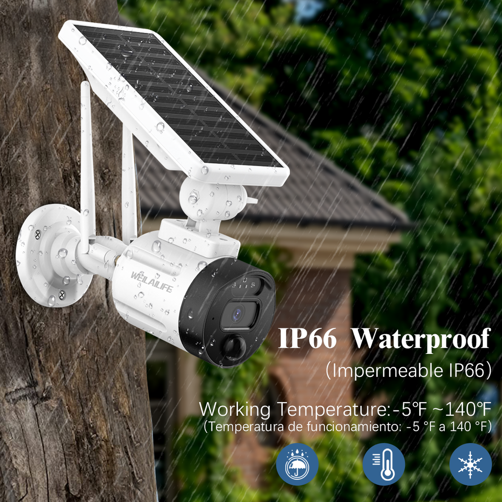 Cámara de Seguridad Solar Inalámbrica Wi-Fi, Cámara de Vigilancia Recargable para Exteriores con Panel Solar, Detección de IA, Visión Nocturna, Antena Doble (Paquete de 2)