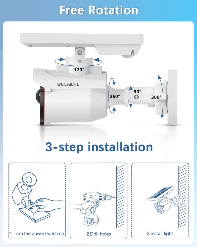 WEILAILIFE Outdoor Solar Powered Motion Sensor Lights Fake Security Camera Dummy Surveillance Cameras Waterproof Spotlights(2 Packs)