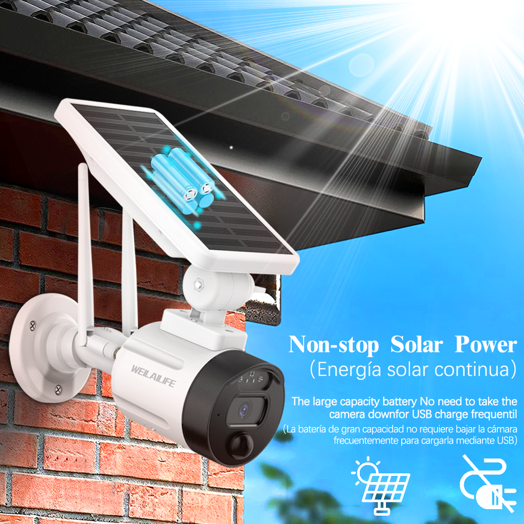 Cámara de Seguridad Solar Inalámbrica Wi-Fi, Cámara de Vigilancia Recargable para Exteriores con Panel Solar, Detección de IA, Visión Nocturna, Antena Doble (Paquete de 2)