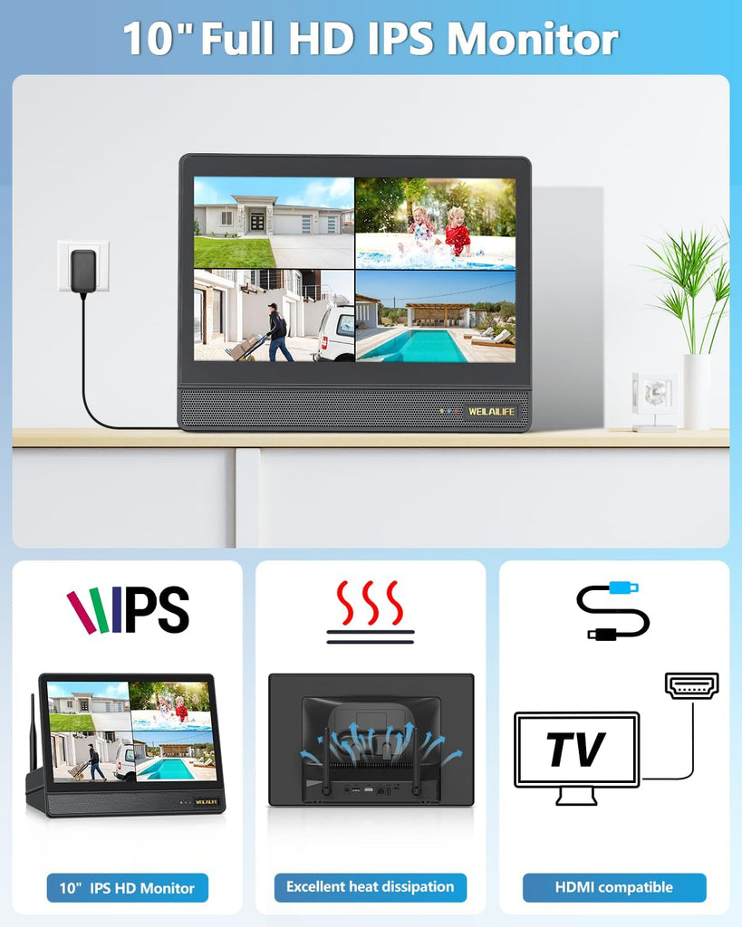 5MP Wireless Security Camera System with 10" Monitor, Outdoor WiFi Home Video Cameras Systems Surveillance DVR Kits(Enjoy $10 Off Instantly)