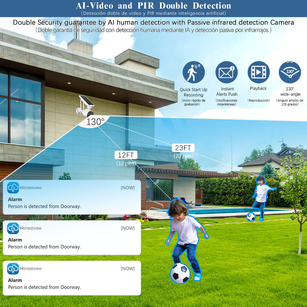 Cámara de Seguridad Solar Inalámbrica Wi-Fi, Cámara de Vigilancia Recargable para Exteriores con Panel Solar, Detección de IA, Visión Nocturna, Antena Doble (Paquete de 2)