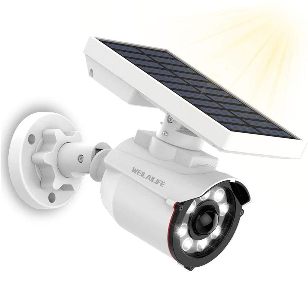 WEILAILIFE Outdoor Solar Powered Motion Sensor Lights Fake Security Camera Dummy Surveillance Cameras Waterproof Spotlights(1 Pack)