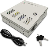 9 Channel CCTV Power Supply Port Box, 12V 5A DC Distributed Power Supply Box, AC Plug Cord and Key Lock, Output AC to DC
