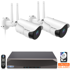 Sistema de seguridad inalámbrico 2K con cámaras de 3.0 MP, audio bidireccional, NVR de 10 canales y 4 cámaras IP con detección de IA. Visión nocturna y resistencia al agua.