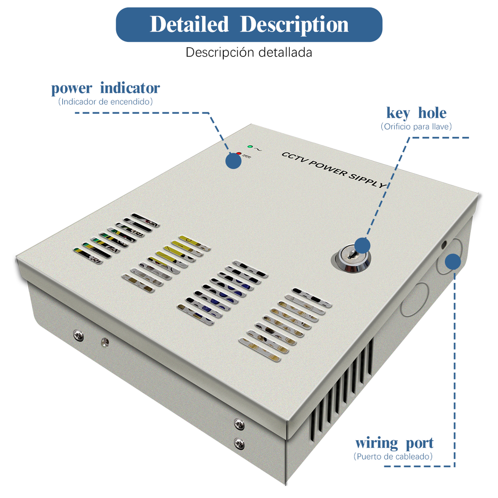 9 Channel CCTV Power Supply Port Box, 12V 5A DC Distributed Power Supply Box, AC Plug Cord and Key Lock, Output AC to DC for Security Camera System, DVRs, IP Cameras, CCTV Cameras
