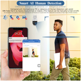 Cámara de seguridad exterior con WiFi, 3MP, inclinación y giro, resistente al agua, audio bidireccional, visión nocturna a color, detección de personas con inteligencia artificial.