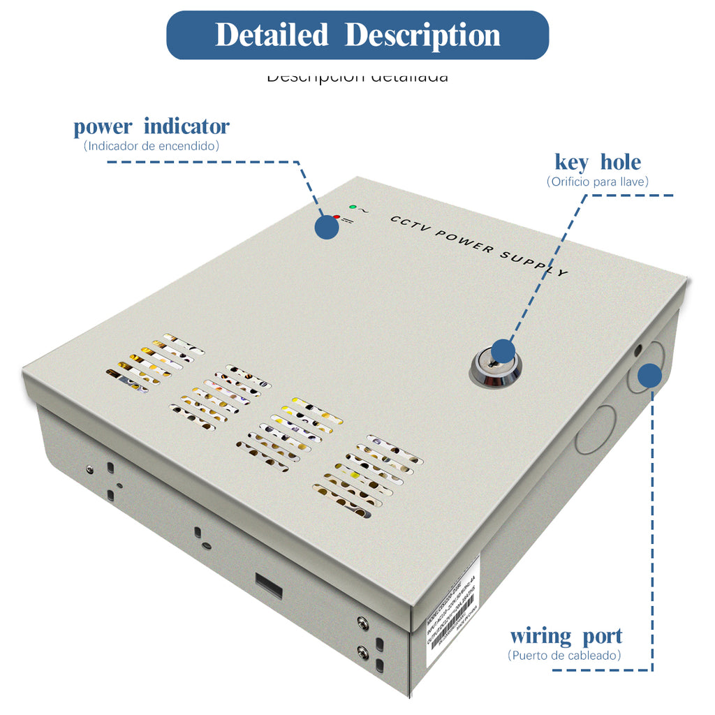 18 Channel CCTV Power Supply Port Box, 12V 20A DC Distributed Power Supply Box, AC Plug Cord and Key Lock, Output AC to DC for Security Camera System, DVRs, IP Cameras, CCTV Cameras