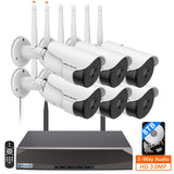 {3.0MP & Two-Way Audio} Wireless Security Camera System, Dual Antennas WiFi Surveillance Monitor NVR Kits, 6Pcs IP Video Camera Set