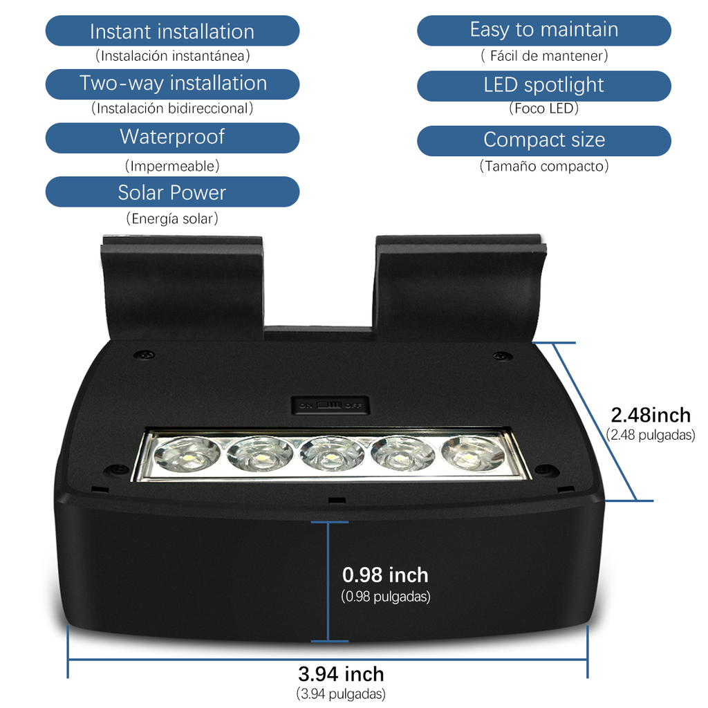 Luz solar WEILAILIFE para cámaras de seguridad, impermeable, con 5 LEDs, encendido/apagado automático, hasta 14 horas de iluminación, con clip de montaje para letrero (1 paquete)