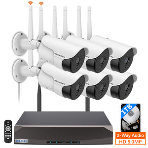 {5.0MP y Audio bidireccional} Sistema de cámaras de seguridad inalámbricas CCTV, Kits NVR WiFi de 10CH con doble antena, Conjunto de 6 cámaras de video IP con detección de inteligencia artificial (AI), Visión nocturna, Impermeables