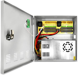 Fuente de Alimentación CCTV 18 Canales, Caja de Distribución de Energía para Cámaras de Seguridad, Salida 12V 30A, Enchufe y Bloqueo para Cámaras CCTV.