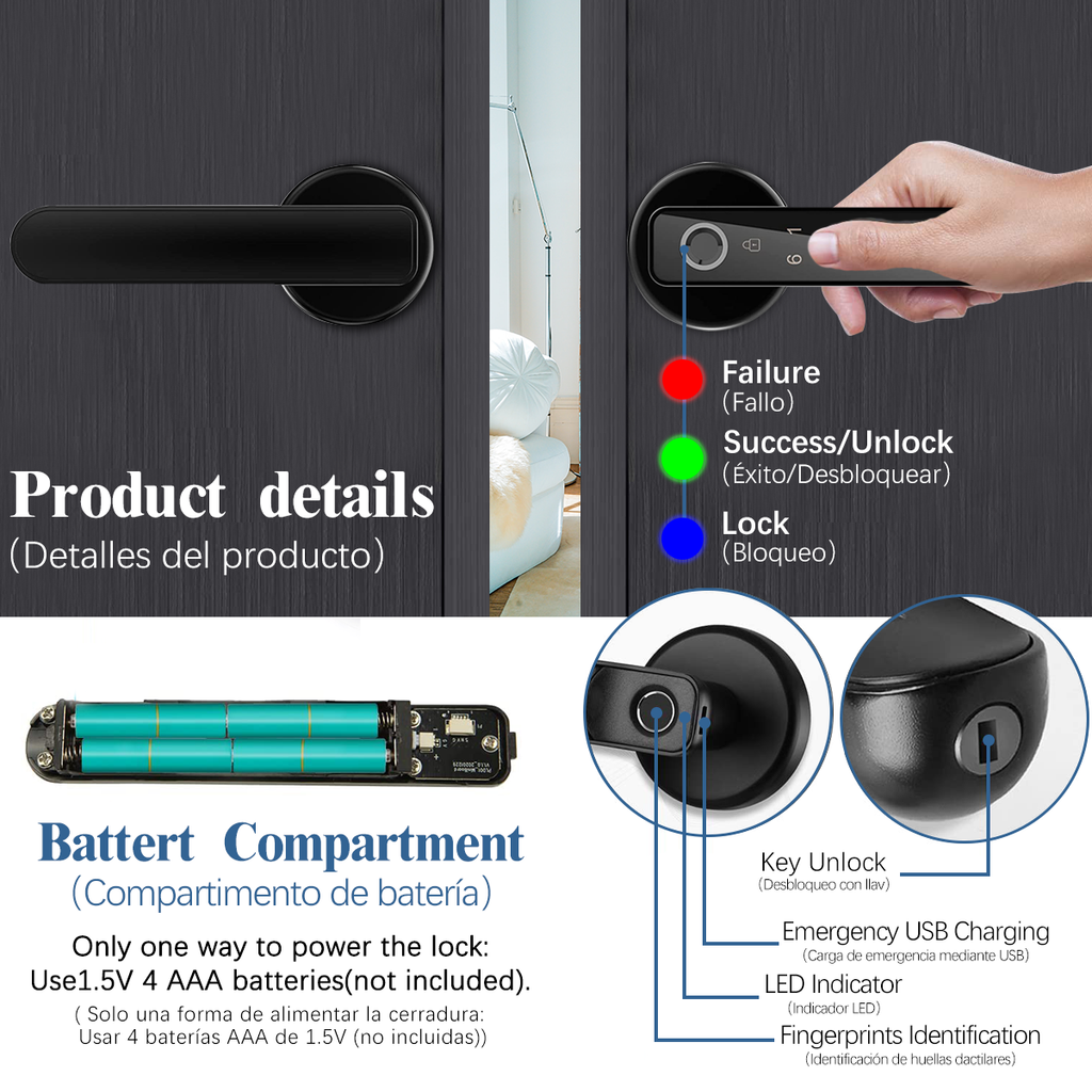 Smart Fingerprint Door Lock ,Electronic Biometric Safe Door Lock with Handle,Key Less Entry Bedroom Mechanical Door Lock,Door Lever Lock with Automatically Lock