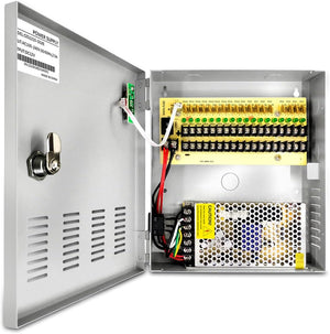Caja de Alimentación para 18 Canales de CCTV, 12V 10A DC, con Enchufe AC, Cerradura con Llave. Salida de AC a DC para Sistema de Cámaras de Seguridad, DVRs, Cámaras IP, Cámaras CCTV