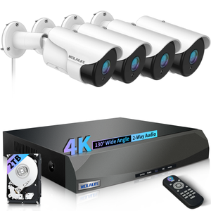 Sistema de cámaras de seguridad POE para exteriores con audio bidireccional y resolución 4K/8MP. Incluye 4 cámaras IP con cableado de 4K resistentes al agua, NVR de 8 canales, visión nocturna, y aplicación gratuita.